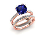 2ct Cushion Cut Blue Sapphire Diamond Accent Bridal Set Ring 18k RoseGold Finish