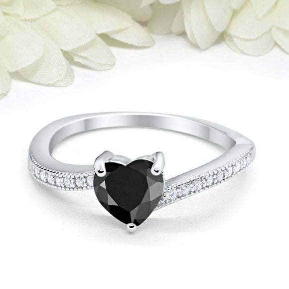 1ct Heart Black Diamond Engagement Ring Swirl Round Accent 14k White Gold Finish