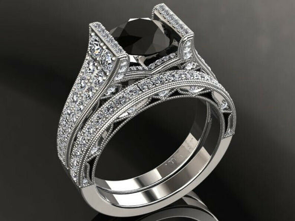 5ct Round Black Diamond Engagement Ring Dual Row Bridal Set 14k White Gold Over