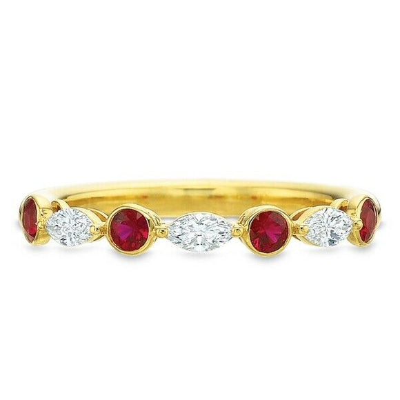 2ct Round Cut Pink Ruby Alternate Diamond Half Eternity Band 14k YellowGold Over