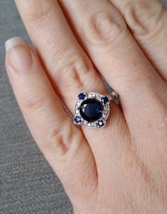 3Ct Round Cut Blue Sapphire Halo Antique Engagement Ring 14K White Gold Finish