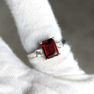 1.7ct Engagement Ring Emerald Cut Red Garnet Three Stone 14k White Gold Finish