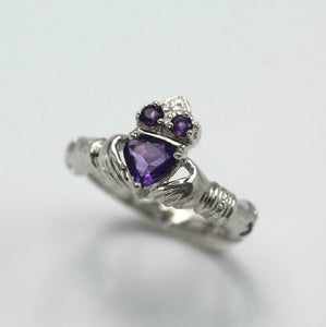 1.2ct Heart Cut Purple Amethyst Engagement Ring Claddagh 14k White Gold Finish