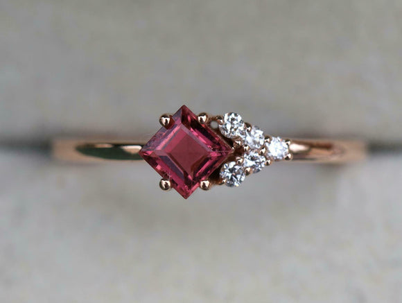 1ct Engagement Ring Asscher Cut Pink Ruby Petite Minimalist 14k Rose Gold Finish