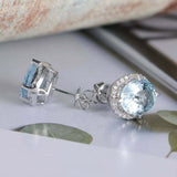 2.2ct Oval Cut Blue Aquamarine Diamond Halo Stud Earrings 14k White Gold Finish