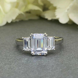 Three Stone Solitaire Engagement Ring 2ct Emerald Diamond 14k White Gold Finish