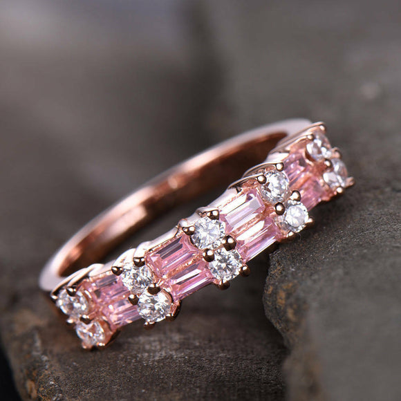 1ct Baguette Cut Pink Sapphire Fancy Design Engagement Ring 14k Rose Gold Finish