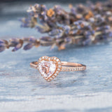 1.3ct Heart Cut Peach Morganite Halo Solitaire Engagement Ring 14k RoseGold Over