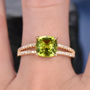 2Ct Cushion Cut Green Peridot Split Shank Engagement Ring 14K Yellow Gold Finish