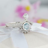 1.8ct Round Blue Aquamarine Engagement Ring Crown Bridal Set 14k White Gold Over