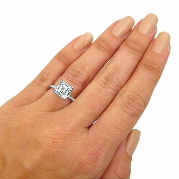 3Ct Asscher Cut Diamond Hid Halo Solitaire Engagement Ring 14K White Gold Finish