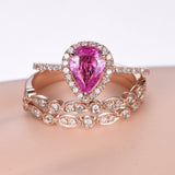 2.5ct Pear Cut Pink Sapphire Halo Trio Set Engagement Ring 14k Rose Gold Finish