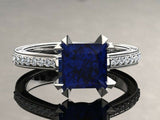 1.5ct Princess Cut Blue Sapphire Engagement Ring Solitaire 14k White Gold Finish