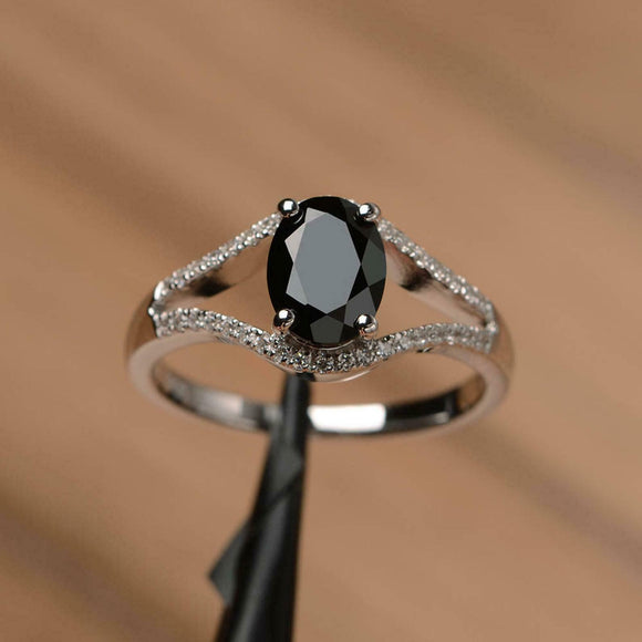 2.2ct Engagement Ring Oval Cut Black Diamond Split Shank 14k White Gold Finish