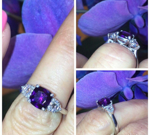 1.5ct Cushion Purple Amethyst Engagement Ring Diamond Trilogy 14k WhiteGold Over