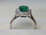 2ct Engagement Ring Cushion Cut Green Emerald Baguette Halo 14k WhiteGold Finish