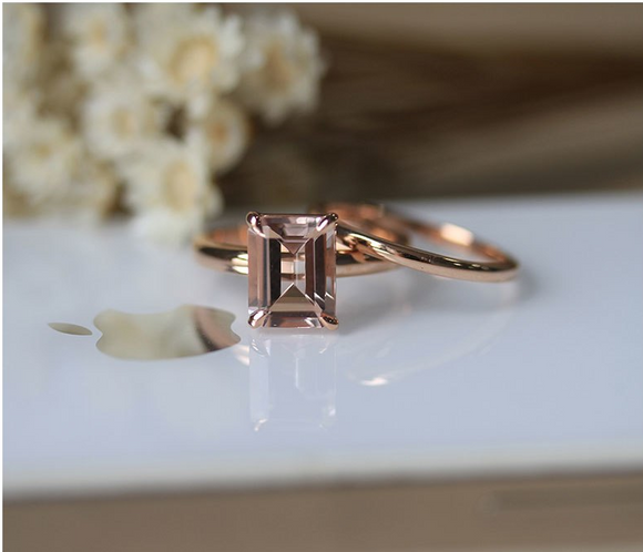 1ct Emerald Cut Peach Morganite Engagement Ring 14k Rose Gold Finish Bridal Set