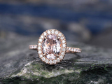 3.2ct Oval Cut Morganite Engagement Ring Halo Diamond Accents 14k Rose Gold Over