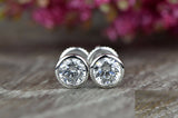 1ct Round Cut VVS1D Diamond Bezel Screwback Stud Earrings 14k White Gold Finish