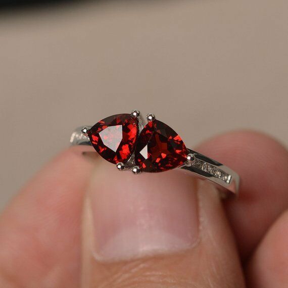 2ct Trillion Cut Red Garnet Two Stone Promise Engagement Ring 14k WhiteGold Over