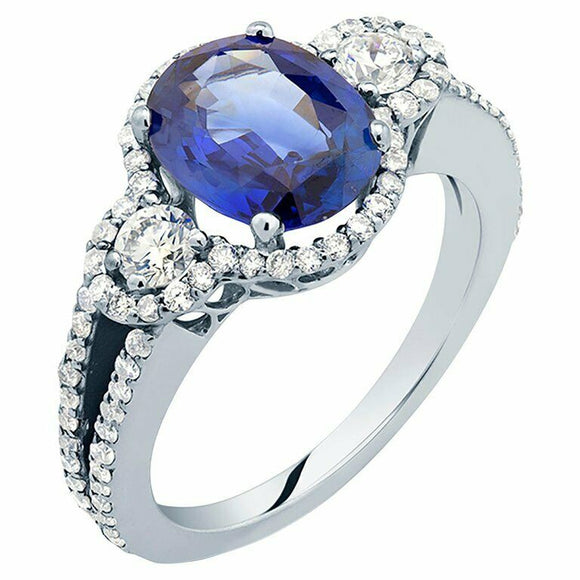 2.5ct Oval Cut Blue Sapphire Engagement Ring Split Shank 14k White Gold Finish