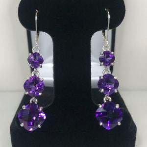 2.5ct Cushion Cut Purple Amethyst Trilogy Drop Earrings 14k White Gold Finish