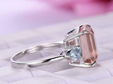 5ct Emerald Cut Peach Morganite Engagement Ring Trilogy 14k White Gold Finish