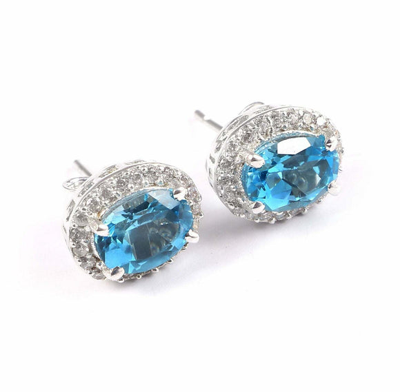 2.4ct Stud Earrings Oval Cut Blue Topaz Diamond Halo 14k White Gold Finish