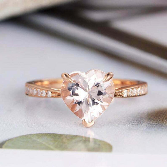 1.2ct Heart Cut Peach Morganite Solitaire Ring 14k Rose Gold Finish Round Accent