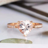 1.2ct Heart Cut Peach Morganite Solitaire Ring 14k Rose Gold Finish Round Accent