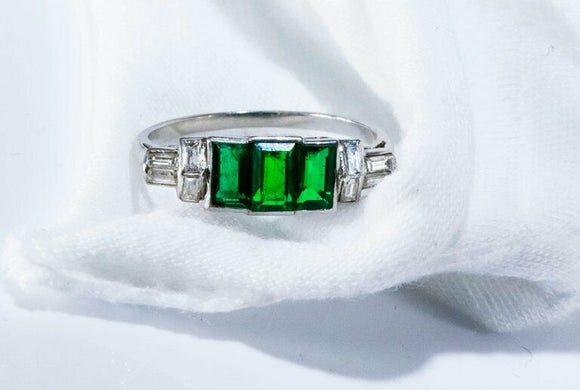 2.6ct Green Emerald Cut Engagement Ring Trilogy 14k White Gold Finish