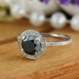 2.5Ct Round Cut Black Diamond Halo Accent Engagement Ring 14K White Gold Finish