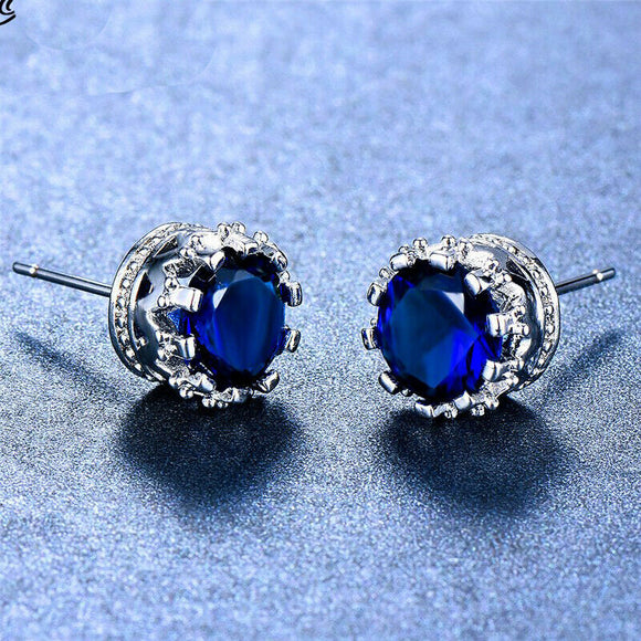 2ct Round Cut Blue Sapphire Crown for Women Stud Earrings 14k White Gold Finish