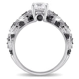 1.7Ct Round Cut Black Diamond Milgrain Engagement Ring 14K White Gold Finish