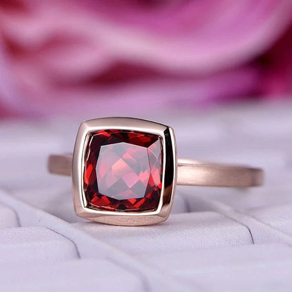 1ct Cushion Cut Red Garnet Engagement Ring Bezel Set Solitaire 14k RoseGold Over