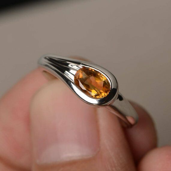 0.75ct Oval Cut Yellow Citrine Solitaire Engagement Ring 14k White Gold Finish