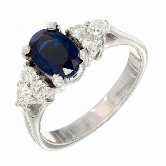 2ct Oval Cut Blue Sapphire Engagement Ring Accents Trilogy14k White Gold Finish