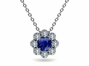 1.7ct Blue Sapphire Pendant with Chain Round Cut Diamond Halo 14k WhiteGold Over