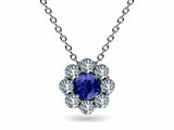 1.7ct Blue Sapphire Pendant with Chain Round Cut Diamond Halo 14k WhiteGold Over