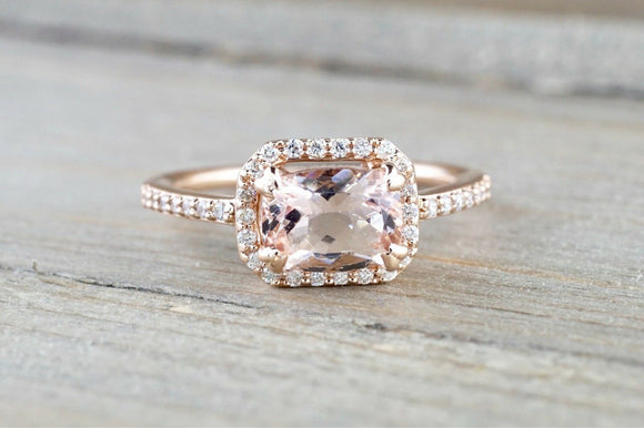 1.3ct Cushion Cut Peach Morganite Halo Engagement Ring 14k Rose Gold Finish