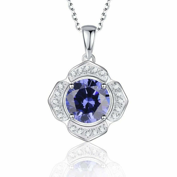 2.3ct Blue Tanzanite Pendant with Chain Round Cut Floral 14k White Gold Finish