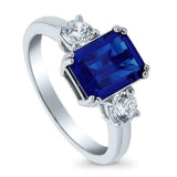 1.5Ct Emerald Cut Blue Sapphire Diamond Accents Trilogy Ring 14K White Gold Over