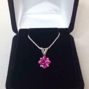 1ct Pink Sapphire Pendant Princess Cut Solitaire 14k White Gold Finish NO CHAIN