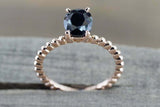 1ct Oval Cut Black Diamond Engagement Ring Beaded Solitaire 14k Rose Gold Finish