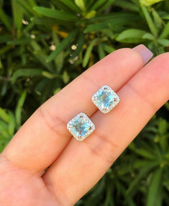 2Ct Cushion Cut Blue Aquamarine Diamond Halo Stud Earrings 14K White Gold Finish