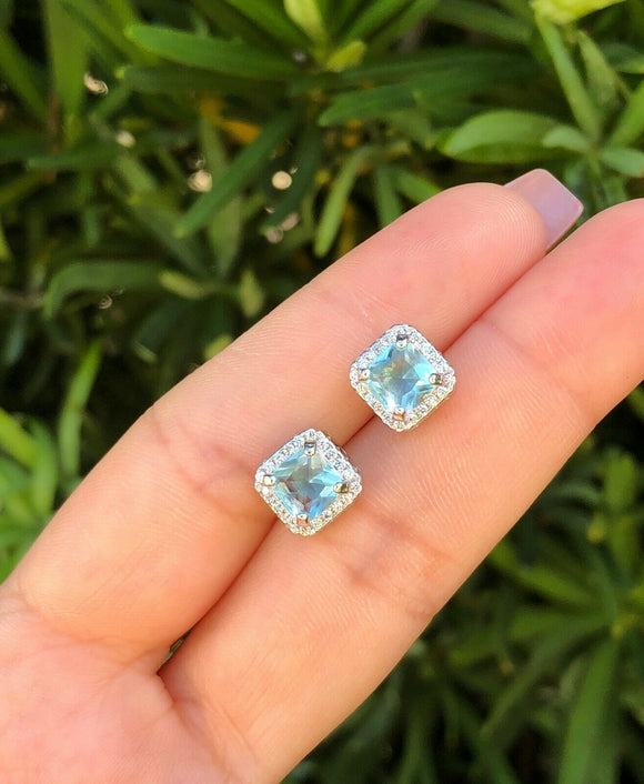 2Ct Cushion Cut Blue Aquamarine Diamond Halo Stud Earrings 14K White Gold Finish