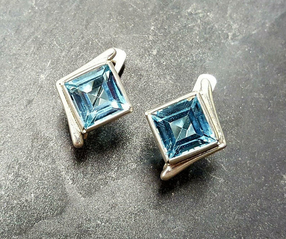 2ct Stud Earrings Asscher Cut Aquamarine Rhombus Solitaire 14k White Gold Finish