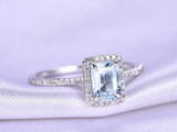 1.5ct Emerald Cut Blue Aquamarine Engagement Ring Halo 14k White Gold Finish