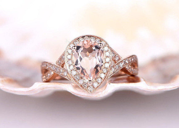 1.4ct Pear Cut Peach Morganite Split Shank Engagement Ring 14k Rose Gold Finish