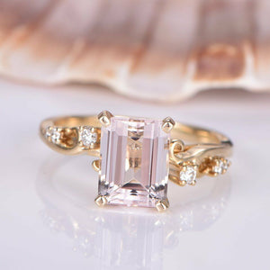 2ct Emerald Cut Peach Morganite Solitaire Engagement Ring 18k Yellow Gold Finish